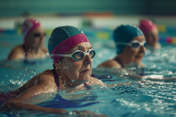A group of women in their seventies with caps and goggles doing aqua gym in an olympic swimming pool.