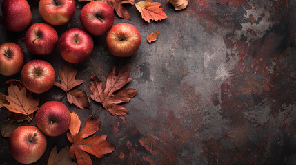 autumn cozy background with red apples and leaves, with an empty place on the side for text