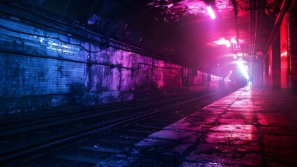 Gloomy subway tunnel with malfunctioning lights and eerie passengers on platform. Concept Creepy Subway, Malfunctioning Lights, Eerie Passengers, Scary Atmosphere