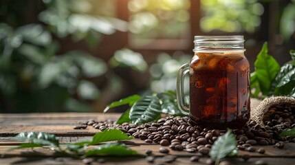 A high-resolution image of a cold brew coffee in a mason jar, placed on a rustic wooden table surrounded by coffee beans and a coffee plant in soft focus