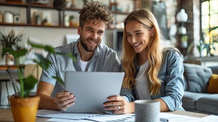Fototapeta premium Young Man and Woman Reviewing Documents Together in a Stylish Living Room