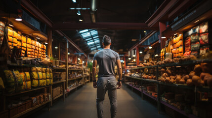 Young Man Shopping in a Modern Grocery Store's Produce Section at Night