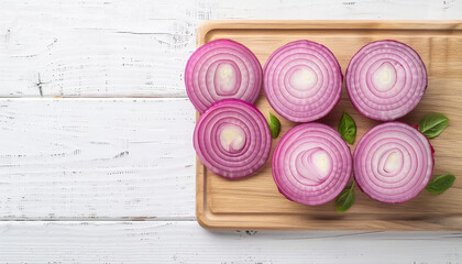 Board with slices of fresh red onion on white wooden background