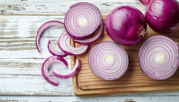 Board with slices of fresh red onion on white wooden background