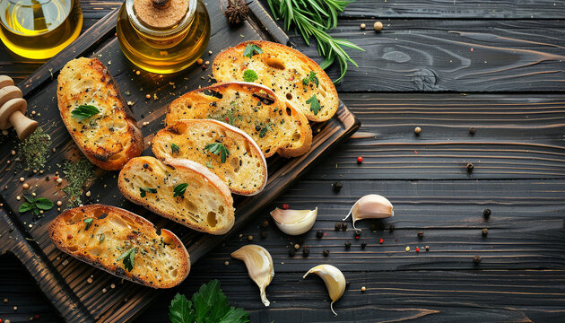 Composition with slices of toasted garlic bread, spices and oil on dark wooden background