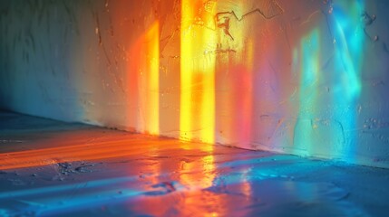 Macro detail of rainbow light rays on a white wall.