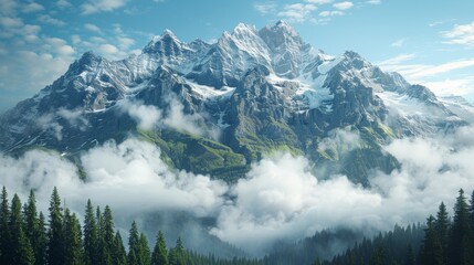 Breathtaking Mountain Landscape with Snow-Capped Peaks and Lush Forests