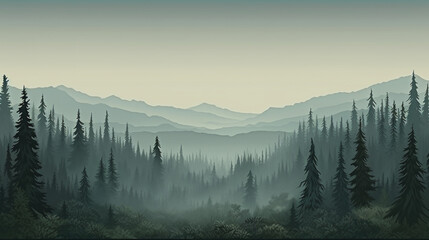 Misty landscape with fir forest in vintage retro style