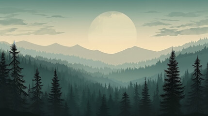 Obraz premium Misty landscape with fir forest in vintage retro style