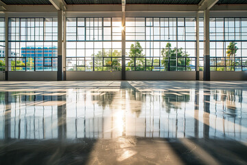 Modern Industrial Warehouse with Natural Light. The interior of a modern industrial warehouse with a shiny floor reflecting the ample natural light coming through large windows