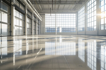 Modern Industrial Warehouse with Natural Light. The interior of a modern industrial warehouse with a shiny floor reflecting the ample natural light coming through large windows