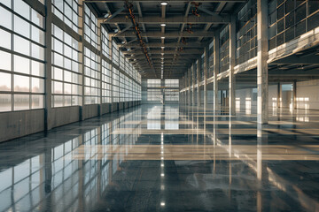 Modern Industrial Warehouse with Natural Light. The interior of a modern industrial warehouse with a shiny floor reflecting the ample natural light coming through large windows