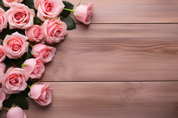 Romantic floral composition with loosely arranged rose flowers on a wooden background