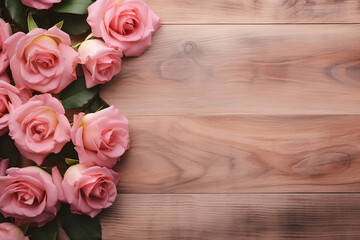 Romantic floral composition with loosely arranged rose flowers on a wooden background