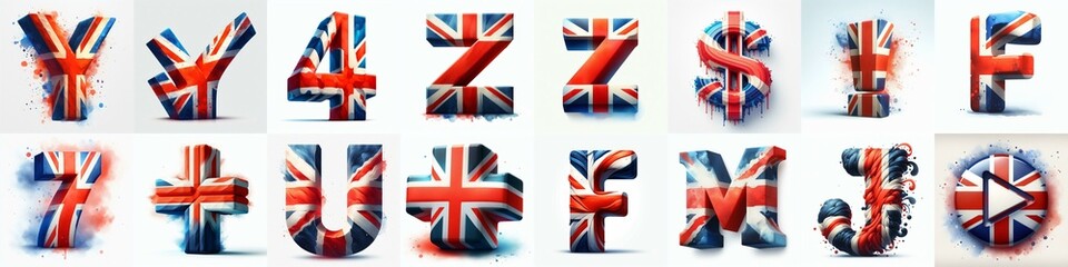 3D watercolor lettering in UK flag colors. AI generated illustration