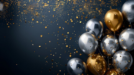 sliver and gold balloons with confetti on dark blue background - obrazy, fototapety, plakaty