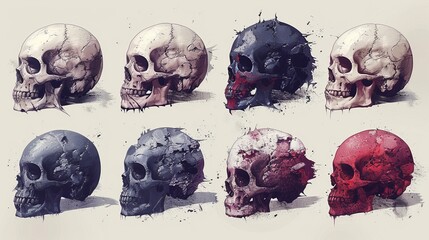 Set of hand-drawn skulls illustrations. Grunge skulls. Modern illustration.