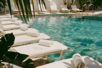 Obraz premium Swimming pool and sun loungers at stylish tropical spa hotel, summertime banner mockup. Summer travel sales and vacation concept.