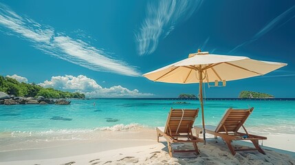 Two beach chairs under an umbrella on the white sand in front of crystal clear turquoise water with beautiful islands in background. Generative AI.