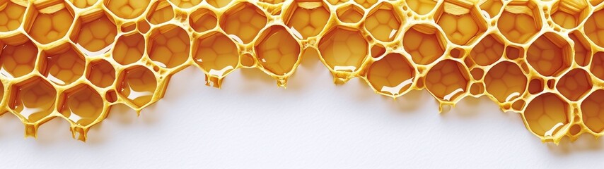 golden honeycomb dripping with fresh honey on white background