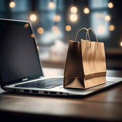 Paper Shopping bag on laptop computer Online ecommerce business concept