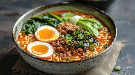 A bowl of ramen with creamy orange color broth, ground beef, bok choy and an egg. Generative AI. - obrazy, fototapety, plakaty