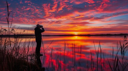 Man Standing by Water at Sunset