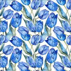 seamless pattern  watercolor seamless watercolor blue tulips in white background