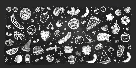 Simple black and white drawing of various food and drinks. Suitable for menus or recipe books