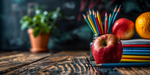 Teacher or student school supplies, equipment, items, things and apple snack on wooden table, educational background. Back to school or happy teachers day concept with copy space. - Powered by Adobe