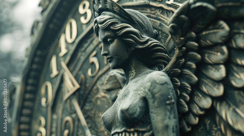 Aufkleber a statue of an angel with a clock in the background. suitable for time management concepts