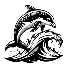 Dolphin over a wave engraving linocut vector silhouette  white background