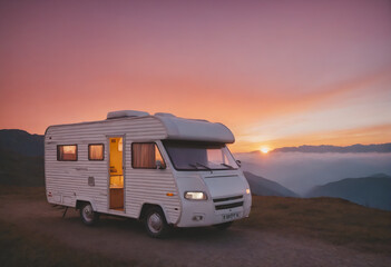 Caravan camping in mountain nature. Lifestyle, traveling concept.