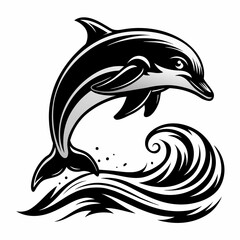 Dolphin over a wave engraving linocut vector silhouette  white background