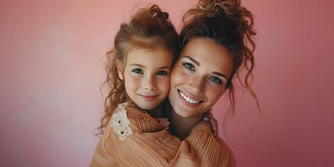 Obraz premium Happy Mothers day portrait of mother and daughter, happy asian family hugging with love. International Mother's day concept with copy space.