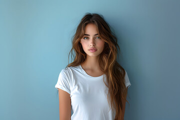 Obraz premium Young woman wearing bella canvas white shirt mockup, at blue background. Design tshirt template, print presentation mock-up.