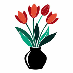Tulips on the vase vector silhouette on white background
