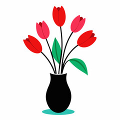 Tulips on the vase vector silhouette on white background