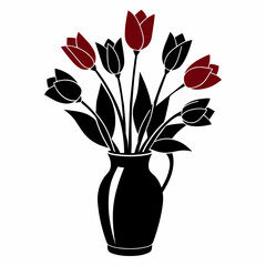 Tulips on the vase vector silhouette on white background