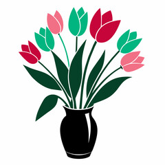 Tulips on the vase vector silhouette on white background