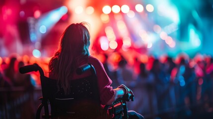 A woman is seated in a wheelchair positioned directly in front of a stage.