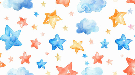 Seamless pattern with clouds and stars for a children's room in pastel colors. Hand drawn watercolor painting with clouds and stars for baby fabric on an isolated background. 