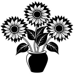 Sunflowers on the vase vector silhouette on white background