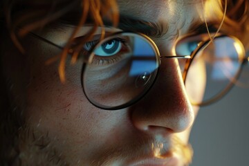 Close up of a person wearing glasses, suitable for various business and educational concepts