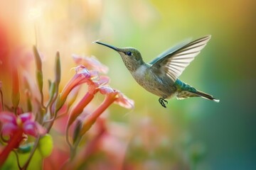 Fototapeta premium A beautiful hummingbird in flight over a vibrant pink flower. Suitable for nature and wildlife concepts