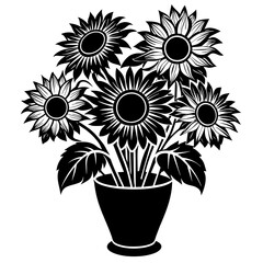 Sunflowers on the vase vector silhouette on white background