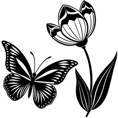 Butterfly and tulip flower vector silhouette and white background 
