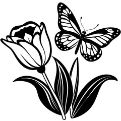 Butterfly and tulip flower vector silhouette and white background 