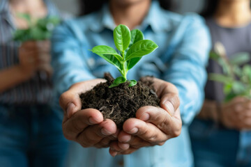 "Team of Professionals Holding Young Plant Representing Teamwork and Growth