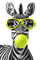 An illustration of a fictional zebra wearing sunglasses, blowing a yellow bubble. The black and white stripes, whiskers, and snout add to its unique look as a carnivorous working animal